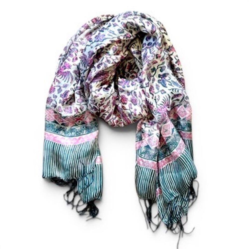 Vintage 100% Silk Block Print Scarf/Sarong w/Fringe